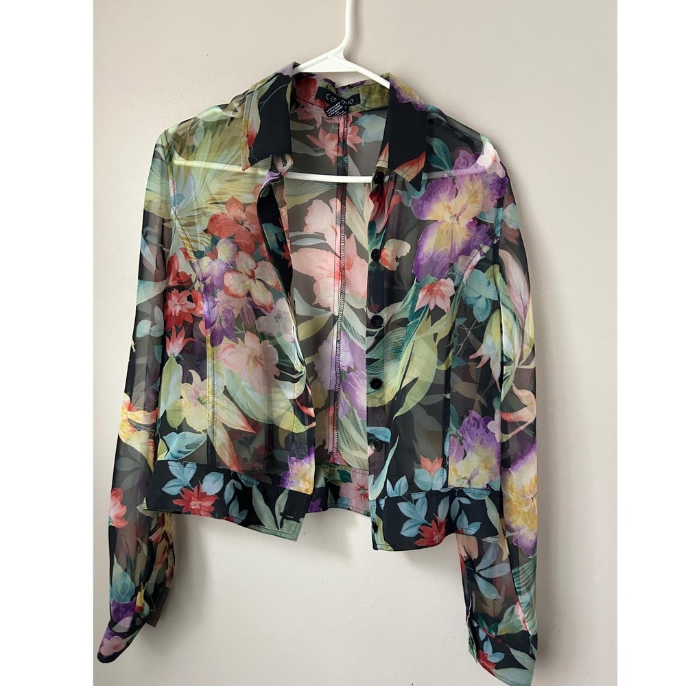 VTG C'est Duo Sheer Floral Button Up Shirt/Jacket‎ Size L Romantic Whimisgoth